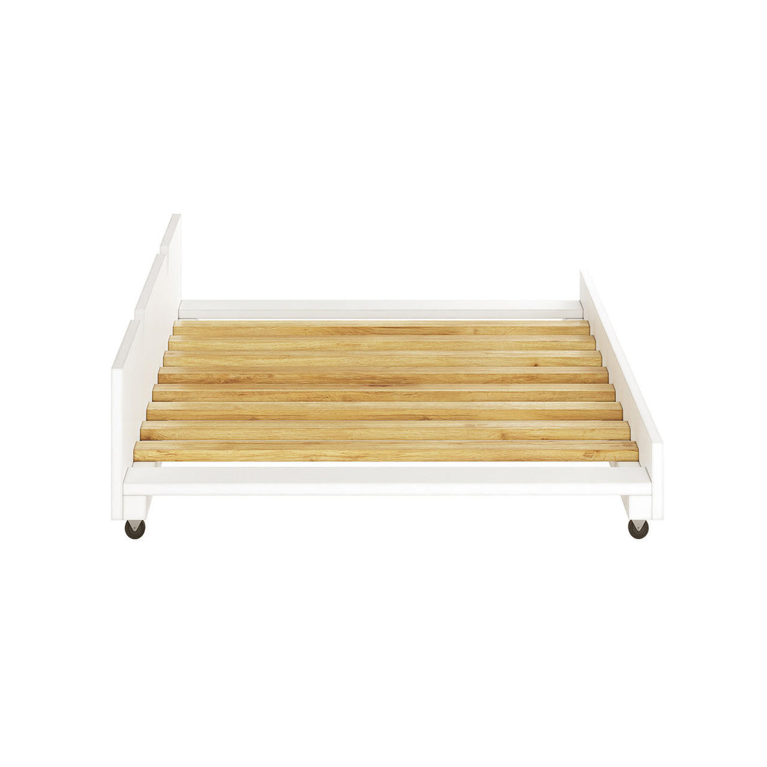 Narell Single Solid Wood Pull-Out Trundle Bed in White, featuring a low, slatted bamboo bed base on casters, designed for convenient under-bed storage and easy mobility.