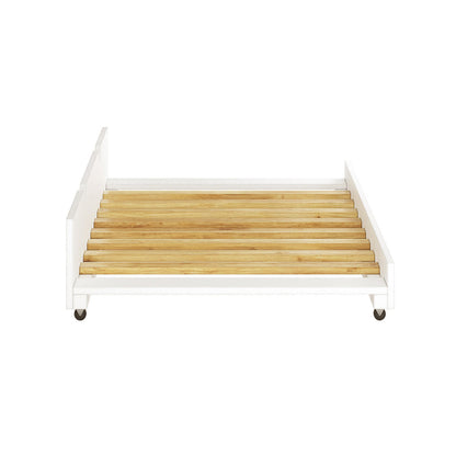 Narell Single Solid Wood Pull-Out Trundle Bed in White, featuring a low, slatted bamboo bed base on casters, designed for convenient under-bed storage and easy mobility.