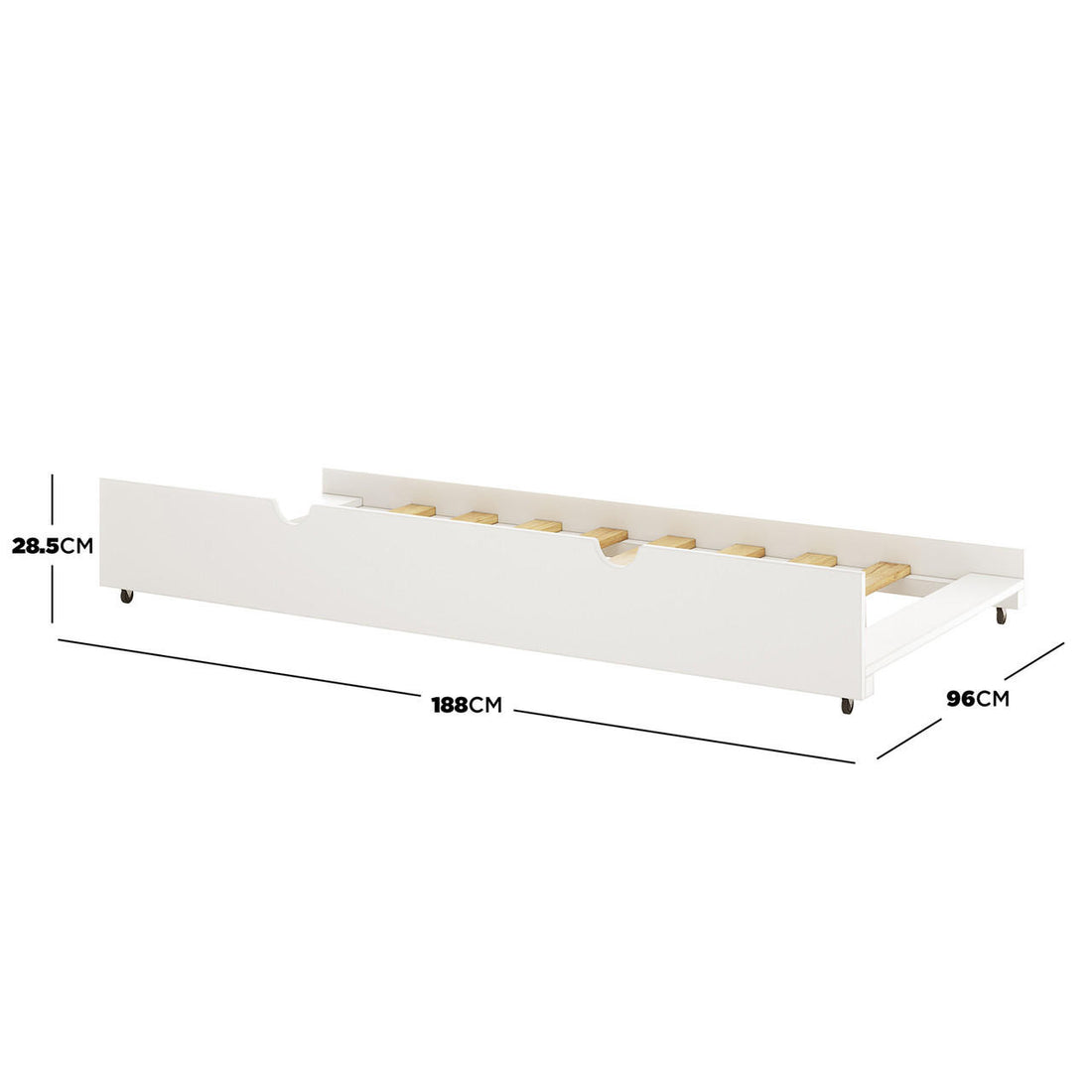 Narell Single Solid Wood Pull-Out Trundle Bed in White, showcasing a low-profile, slatted wooden frame on small caster wheels, designed for easy sliding under a main bed for extra sleeping space.