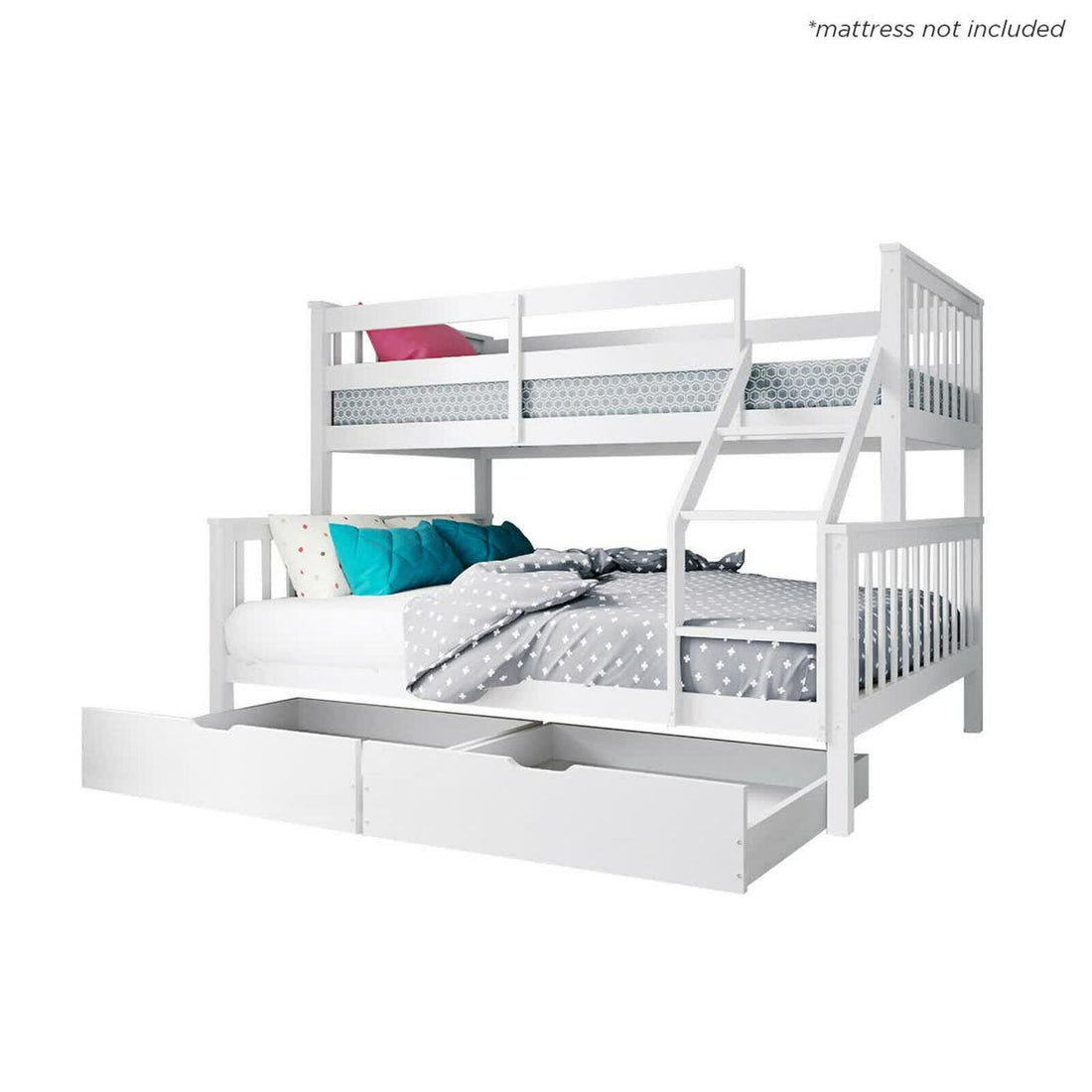 Nero Natural Pine Triple Bunk Bed with Storage Drawers – White, featuring a white bunk bed with built-in ladder, accommodating a single top and double bottom bed, perfect for space-saving in modern interiors.