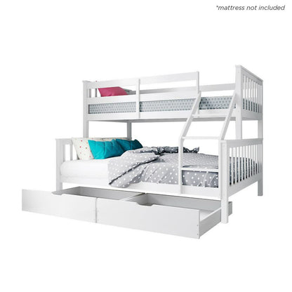 Nero Natural Pine Triple Bunk Bed with Storage Drawers – White, featuring a white bunk bed with built-in ladder, accommodating a single top and double bottom bed, perfect for space-saving in modern interiors.