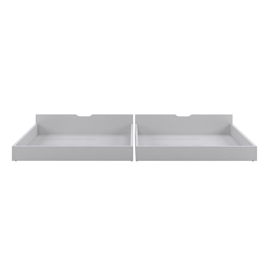 Nero Natural Pine Triple Bunk Bed with Storage Drawers – White, featuring a single top bunk, double bottom bunk, built-in ladder, full-length guardrails, and visible white drawers on a shelf.