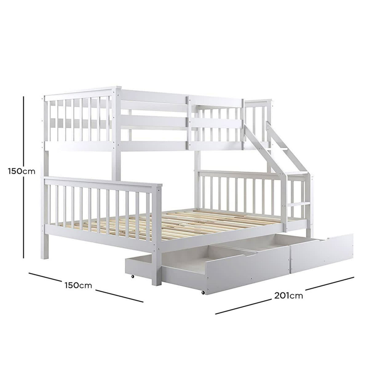 Nero Natural Pine Triple Bunk Bed – White features a sleek, white finish with a sturdy built-in ladder and full-length guardrails, showcasing a single top and double bottom bunk in solid pine wood construction.