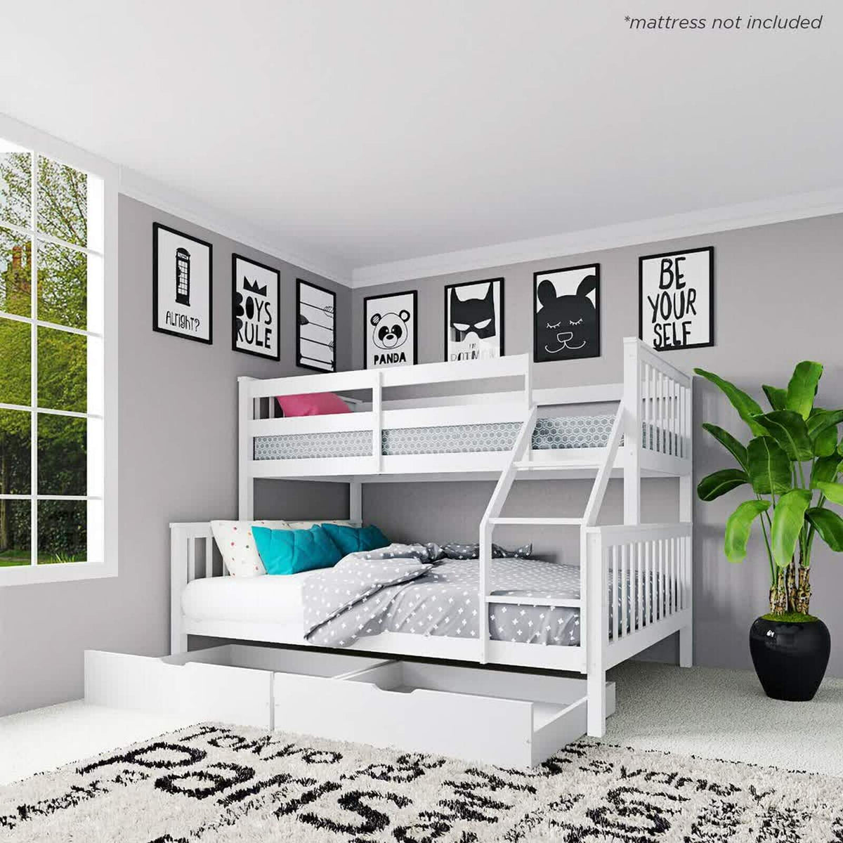 Nero Natural Pine Triple Bunk Bed in White, featuring a solid pine build with a single top and double bottom bunk, integrated ladder, and guardrails, ideal for space-saving in shared rooms.