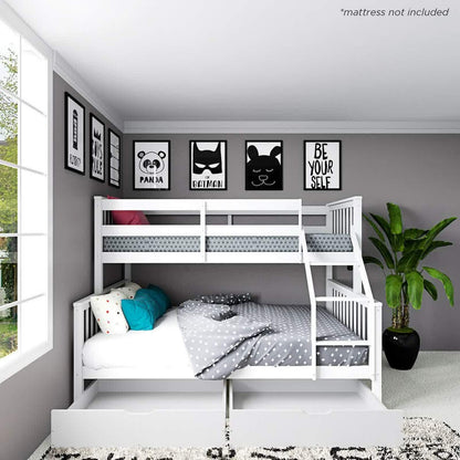 Nero Natural Pine Triple Bunk Bed in White featuring a single top bunk over a double bottom bunk, with a sturdy ladder and full-length guardrails, in a minimalist room setting.