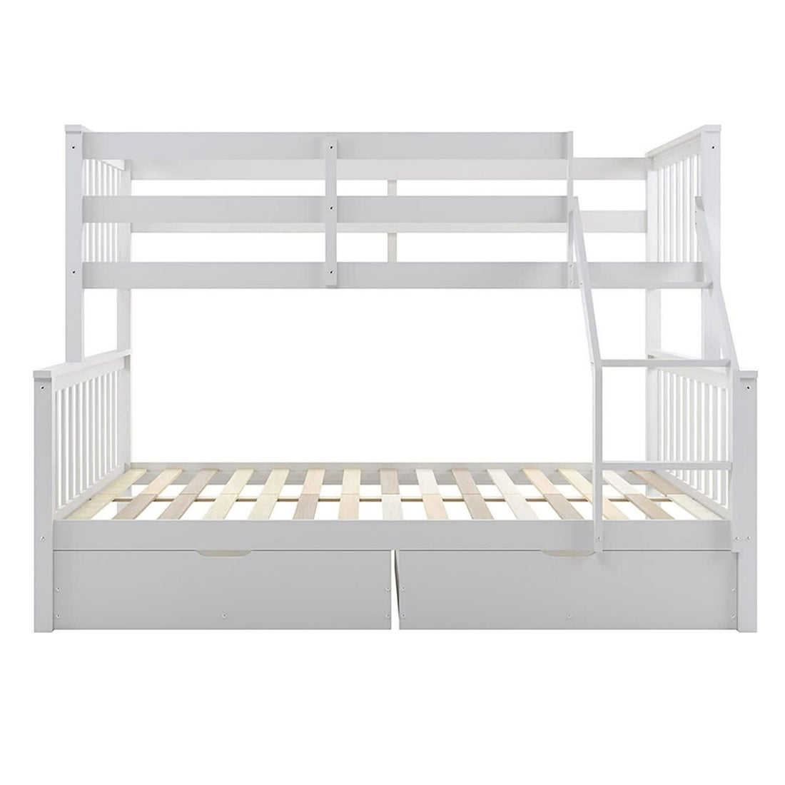 Nero Natural Pine Triple Bunk Bed with Storage Drawers – White features a sturdy built-in ladder, full-length guardrails, and a sleek design, offering versatile sleeping arrangements and space-saving solutions for modern interiors.