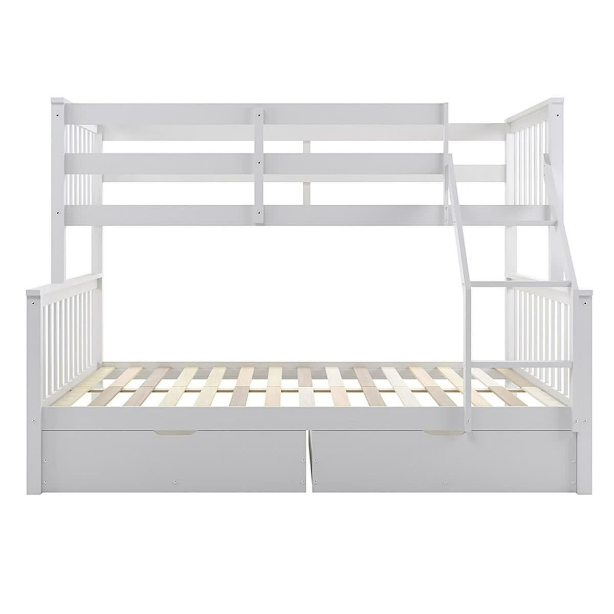 Nero Natural Pine Triple Bunk Bed with Storage Drawers – White features a sturdy built-in ladder, full-length guardrails, and a sleek design, offering versatile sleeping arrangements and space-saving solutions for modern interiors.