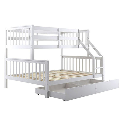 Nero Natural Pine Triple Bunk Bed with Storage Drawers – White, featuring a solid pine frame with built-in ladder, full-length guardrails, and customizable single top and double bottom bunk configuration.