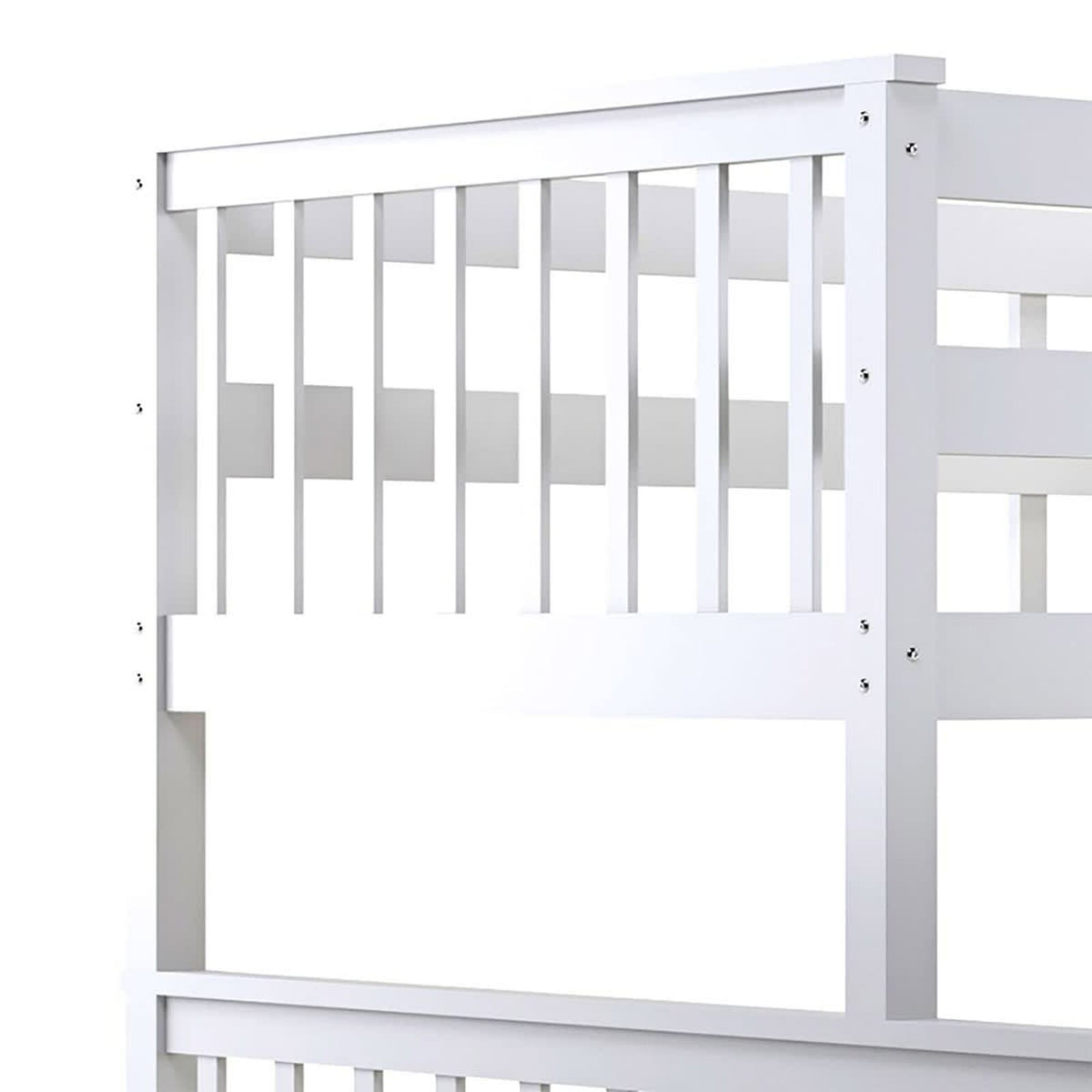 Nero Natural Pine Triple Bunk Bed with Storage Drawers in white, featuring a sturdy built-in ladder and full-length guardrails. The multifunctional design includes a single top bunk and double bottom bunk.