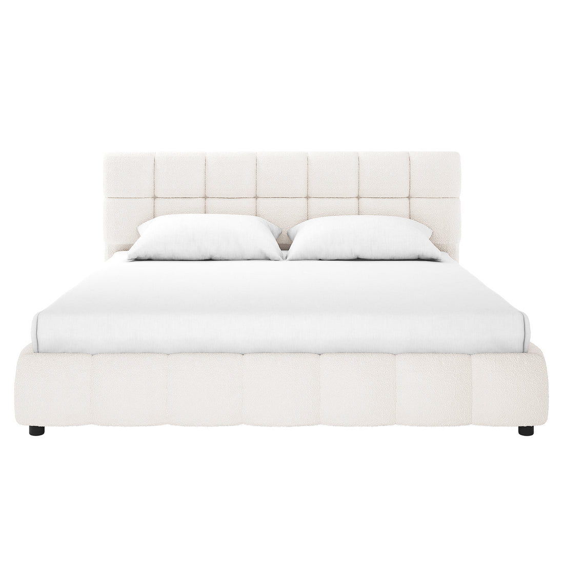 Nikias King Bouclé Fabric Bed Frame in Cream White features a square-tufted headboard and footboard, upholstered in soft fabric, with a solid wood frame, creating a modern, luxurious bedroom centerpiece.