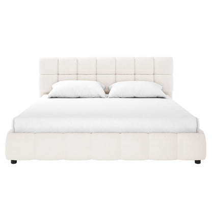 Nikias King Bouclé Fabric Bed Frame in Cream White features a square-tufted headboard and footboard, upholstered in soft fabric, with a solid wood frame, creating a modern, luxurious bedroom centerpiece.