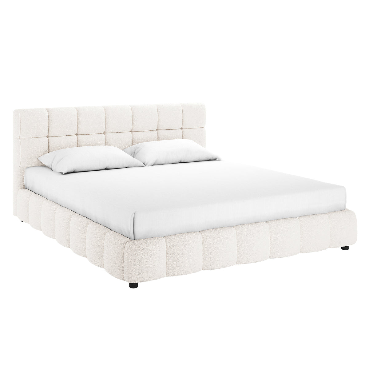 Nikias King Bouclé Fabric Bed Frame in Cream White features a low-profile design with a grid-tufted headboard, matching rounded-edge frame, and plush upholstery, offering a sophisticated, modern aesthetic.