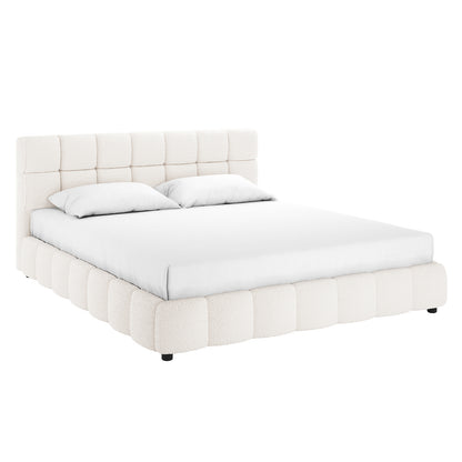 Nikias King Bouclé Fabric Bed Frame in Cream White features a low-profile design with a grid-tufted headboard, matching rounded-edge frame, and plush upholstery, offering a sophisticated, modern aesthetic.