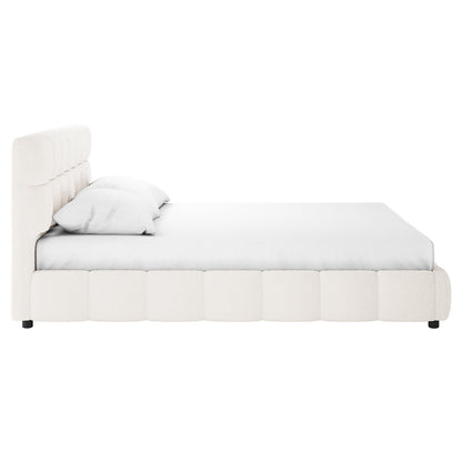 Nikias King Boucle Fabric Bed Frame in Cream White features a low-profile design with a plush, vertically channeled headboard, upholstered frame, and simple white bedding, showcasing modern elegance and comfort.
