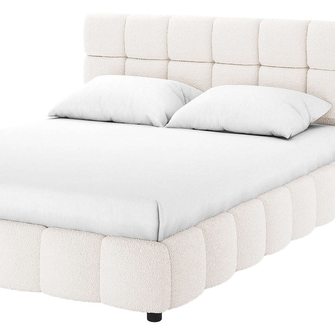Nikias King Boucle Fabric Bed Frame in Cream White features a rounded, tufted headboard and matching base, with white bedding, showcasing its plush, modern design on a plain, clean background.