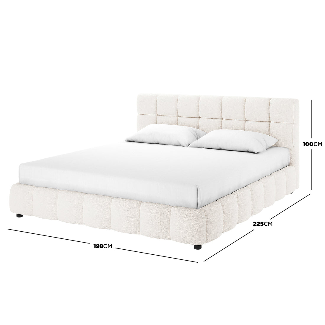 Nikias King Bouclé Fabric Bed Frame in Cream White features a square-tufted headboard and base, upholstered in off-white bouclé, includes a mattress and pillows, measuring 198 cm wide, 225 cm deep, and 100 cm tall.