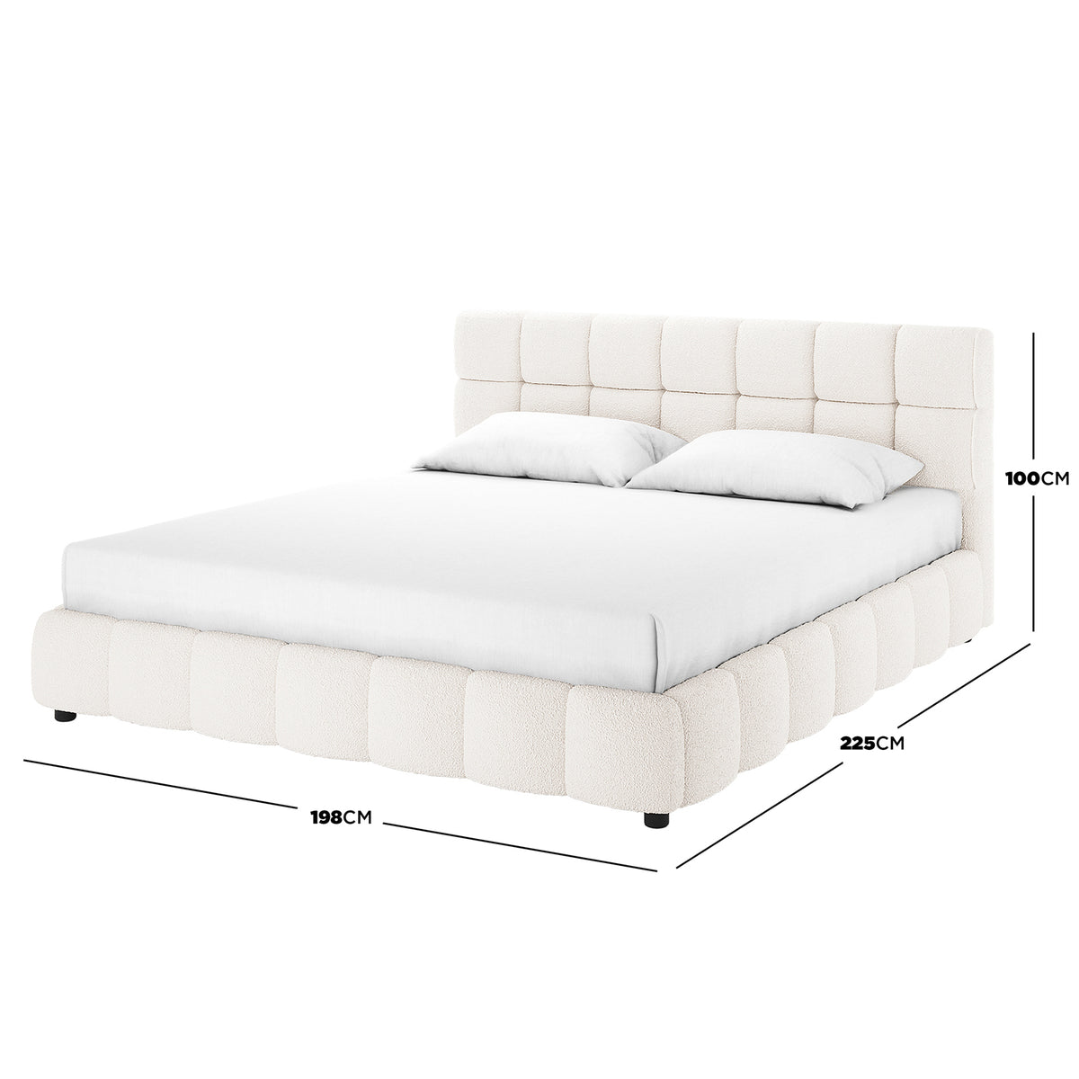 Nikias King Bouclé Fabric Bed Frame in Cream White features a square-tufted headboard and base, upholstered in off-white bouclé, includes a mattress and pillows, measuring 198 cm wide, 225 cm deep, and 100 cm tall.