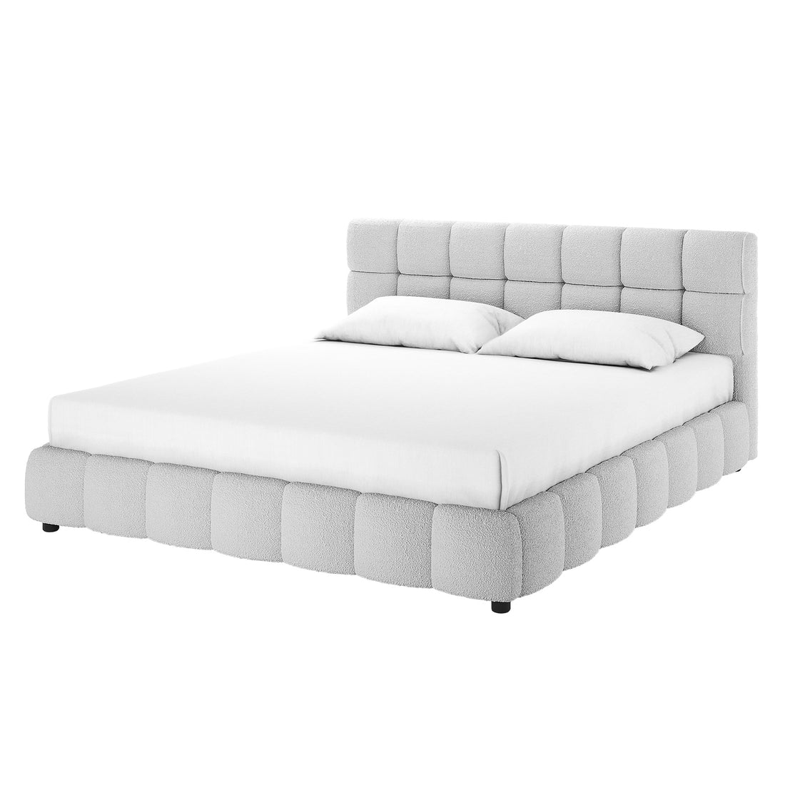 Nikias King Bouclé Fabric Bed Frame in Light Grey with a square tufted headboard, upholstered in soft bouclé, set against a white background with white bedding and pillows.