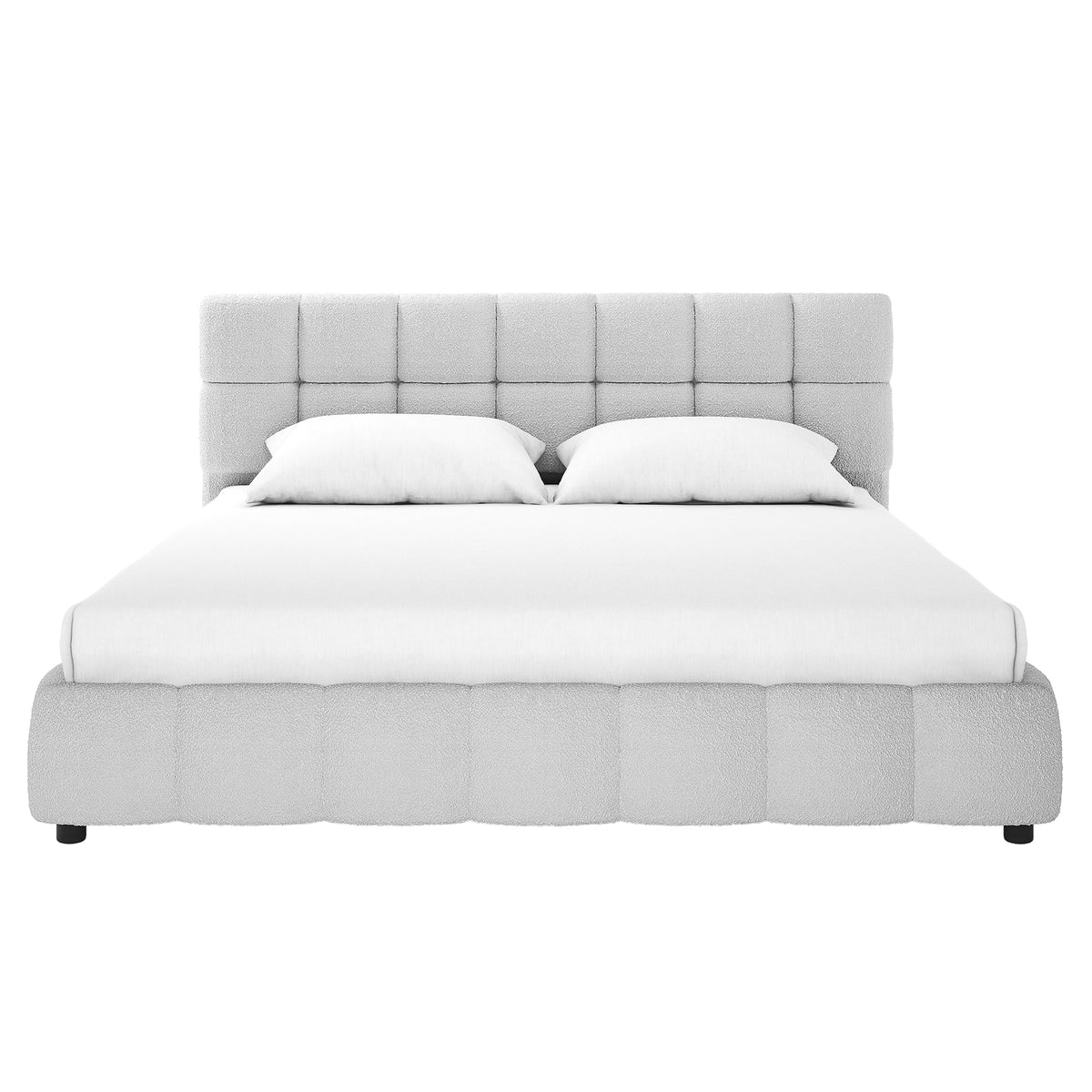 Nikias King Bouclé Fabric Bed Frame in Light Grey, featuring a plush, square-tufted headboard and footboard. The bed is adorned with white bedding and pillows, creating a modern and elegant look.