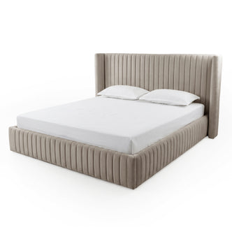 Warm grey upholstered king bed with mattress and pillows on white background