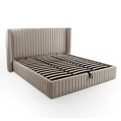 Warm grey upholstered bed frame on white background