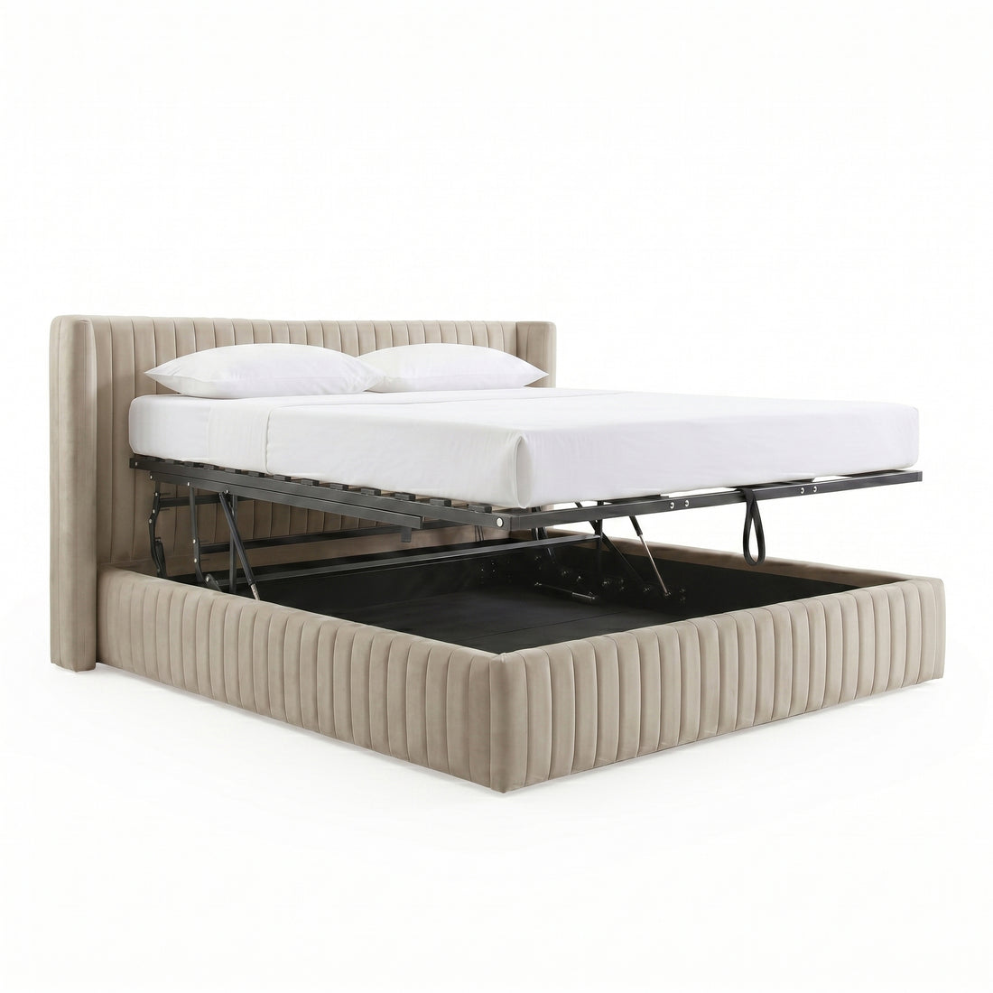 Warm grey velvet king bed frame with gas lift storage base raised, white mattress and pillows on white background