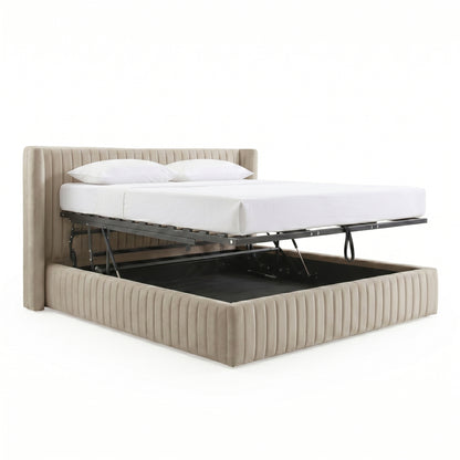 Warm grey velvet king bed frame with gas lift storage base raised, white mattress and pillows on white background