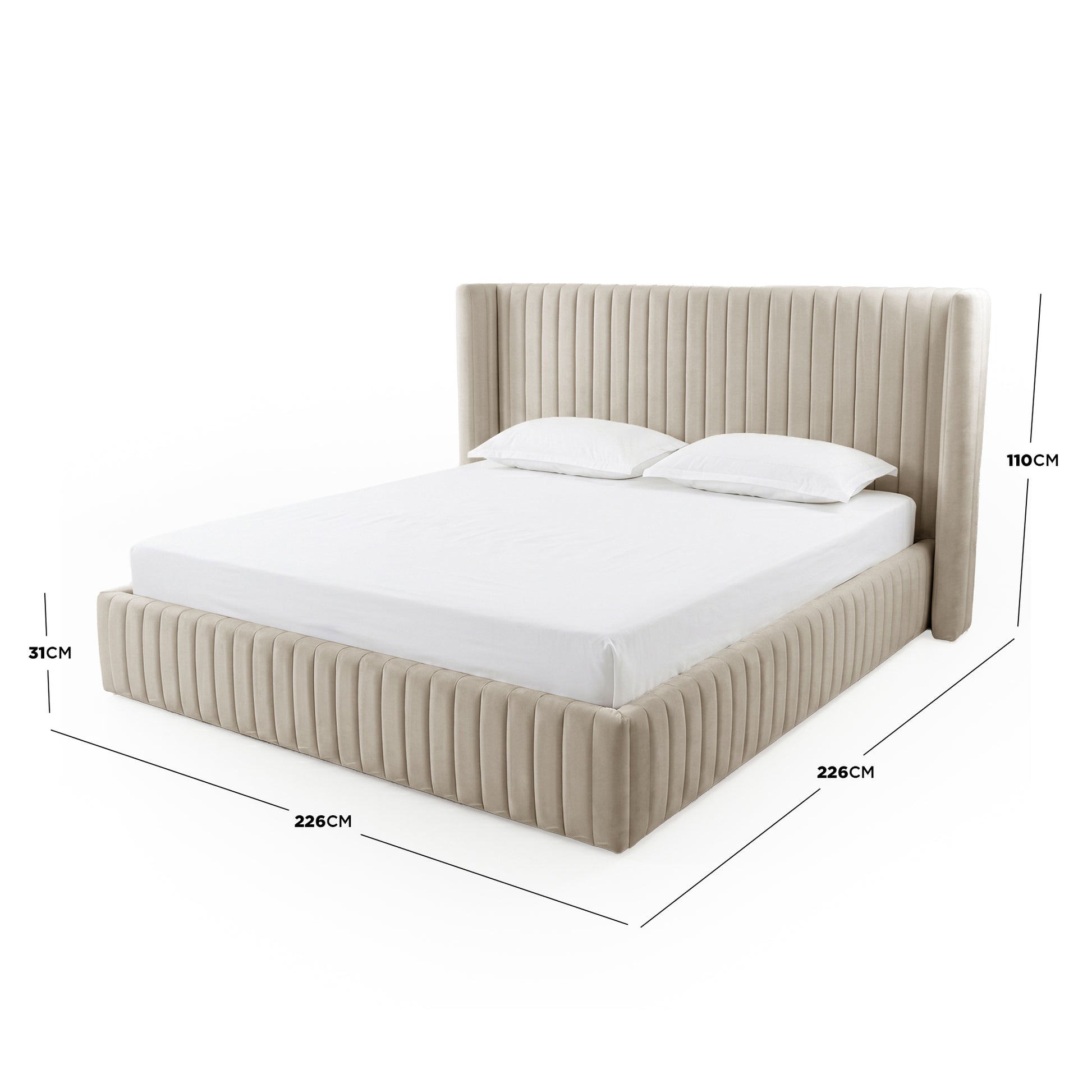 Warm grey velvet king bed frame with vertical channel tufting, gas lift storage base, dimensions 226cm x 226cm x 110cm, shown