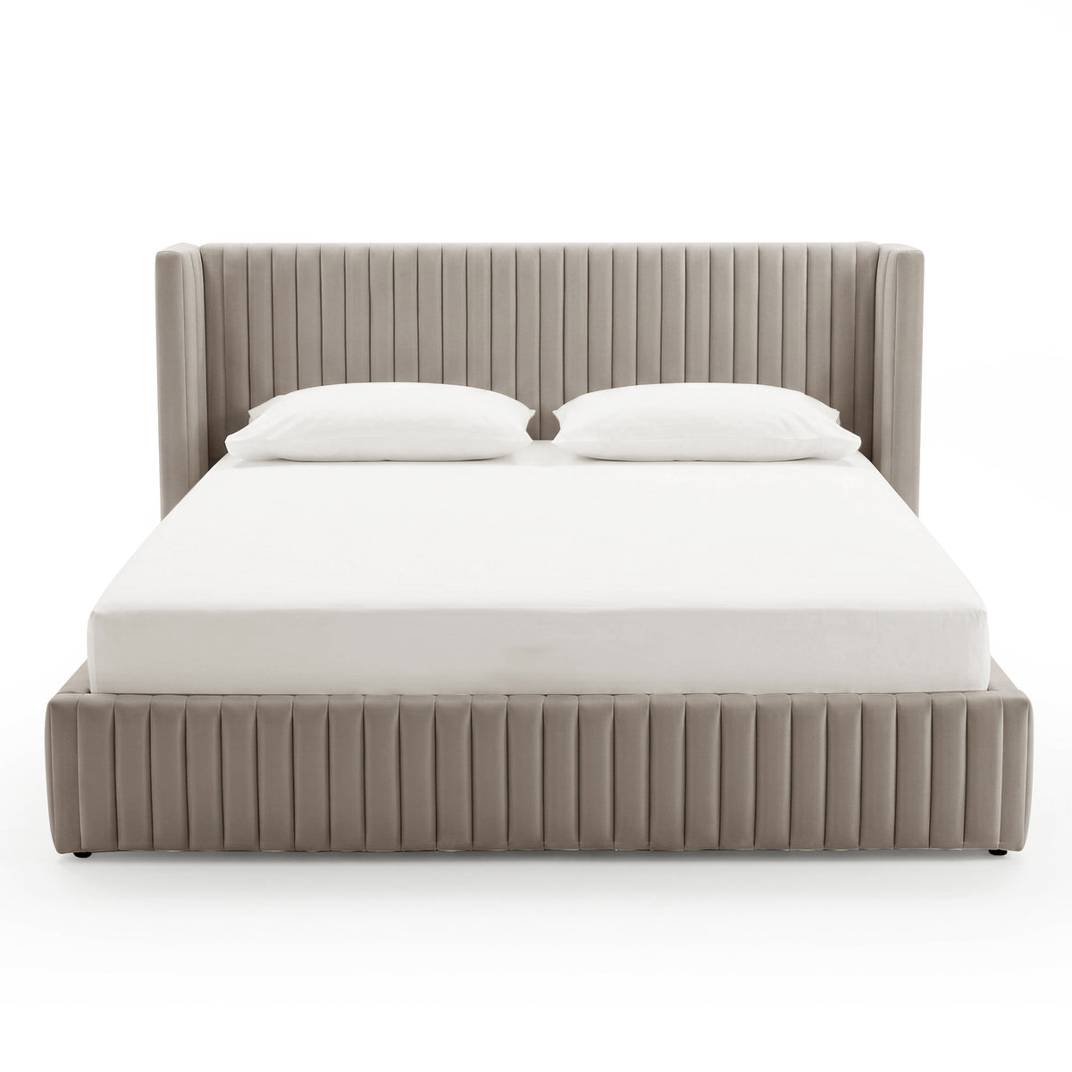 Front-facing beige upholstered bed frame with pillows on white background