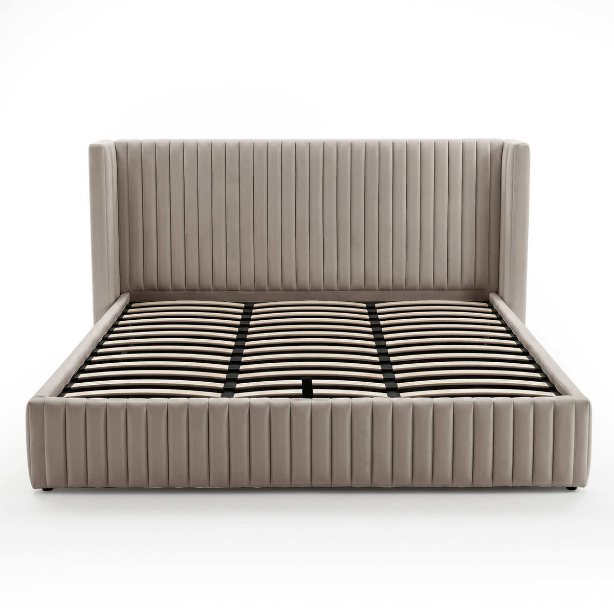 King bed frame with visible slats and support strap on white background