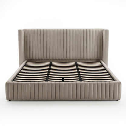 King bed frame with visible slats and support strap on white background