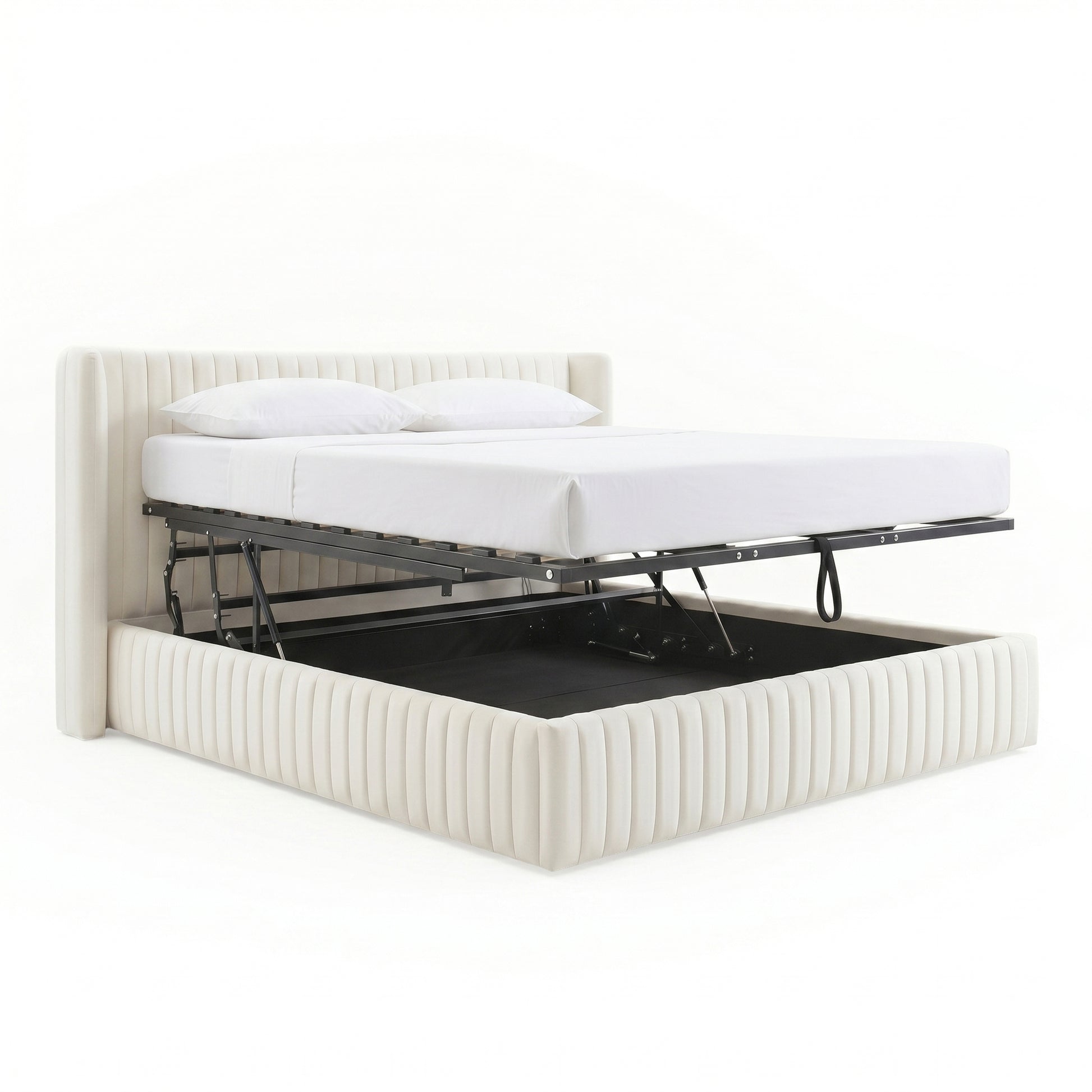 Cream white velvet upholstered queen bed frame with gas lift mechanism revealing open under-bed storage, shown with mattress
