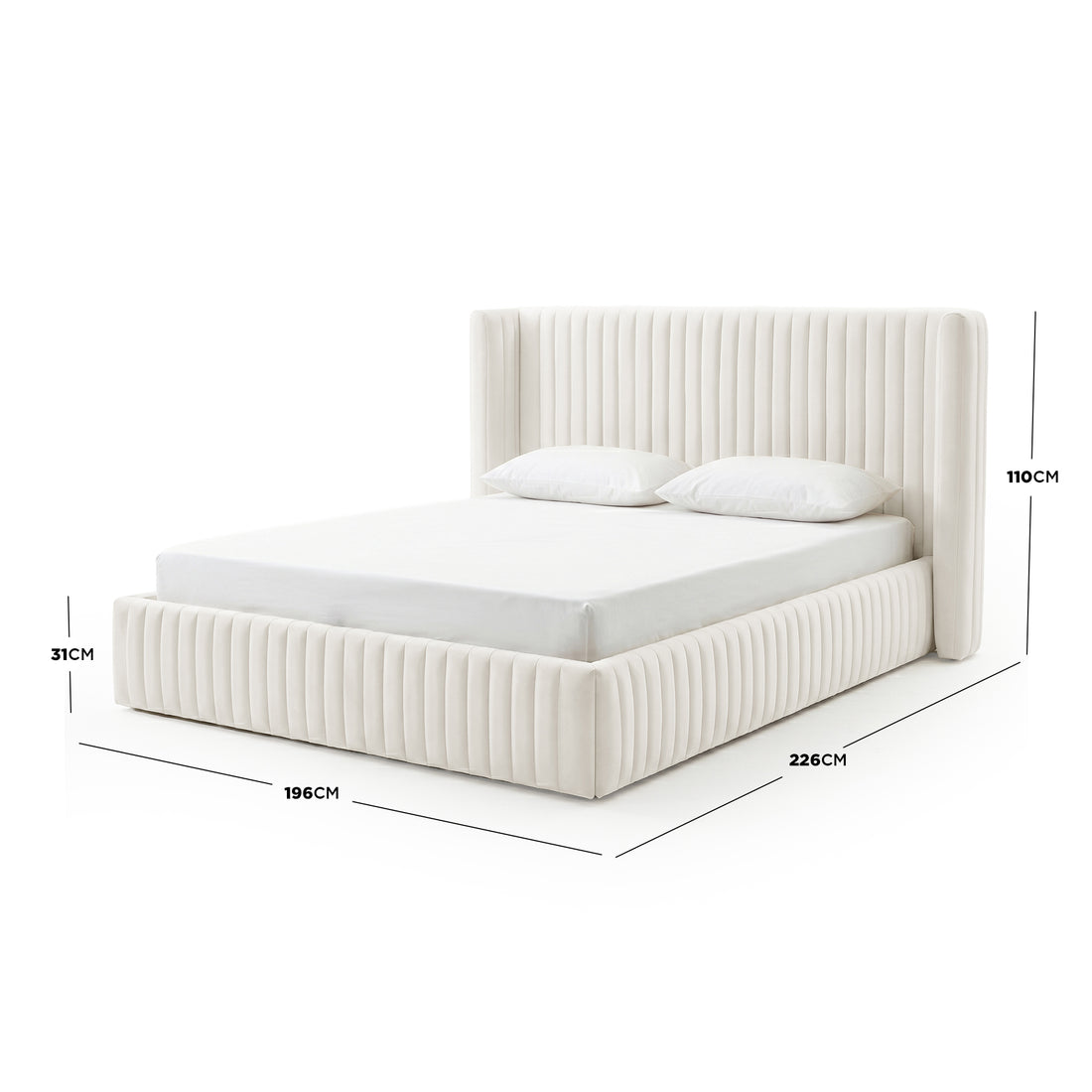 Cream white velvet upholstered queen bed frame with vertical channel tufting and gas lift storage, shown with dimensions