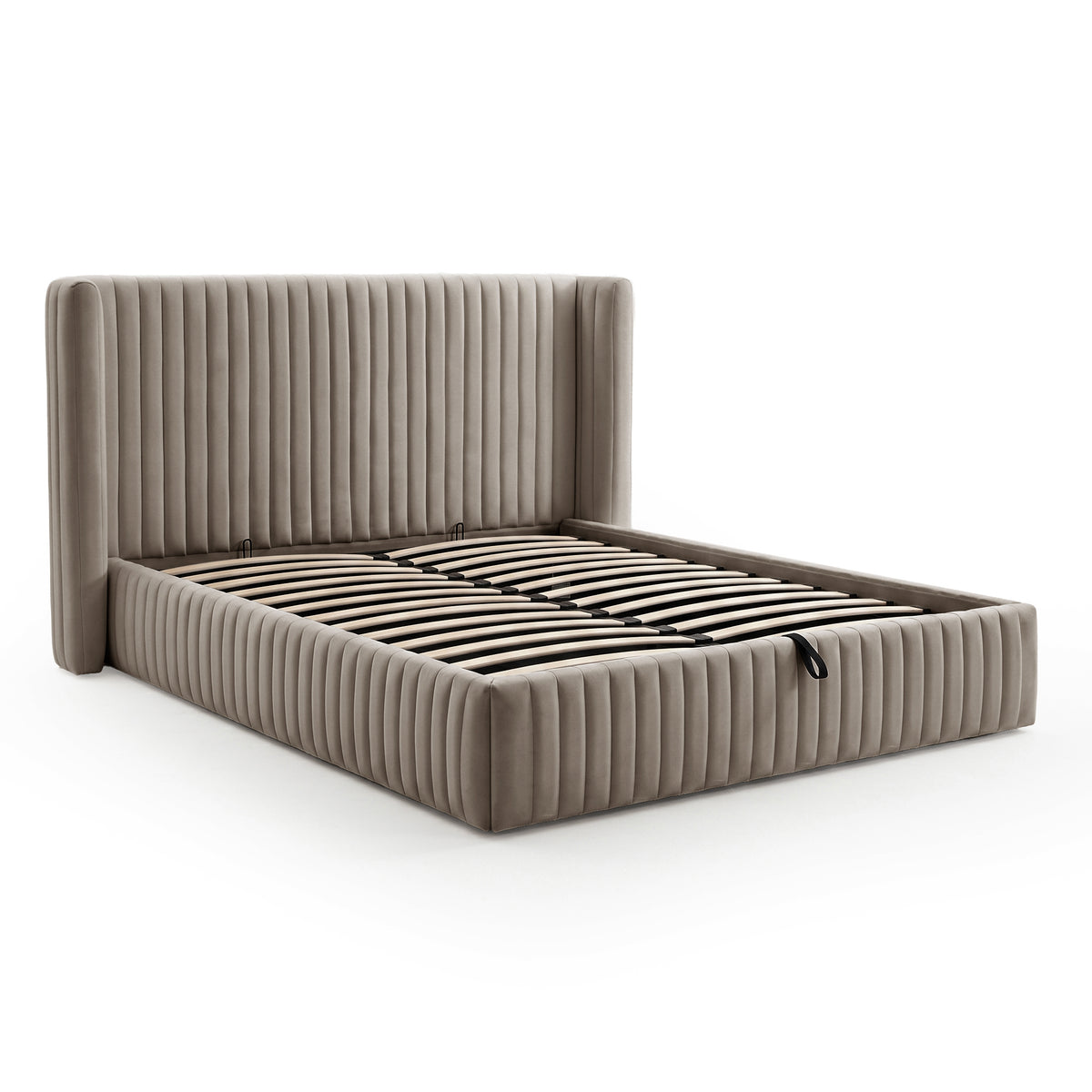 Warm grey upholstered bed frame on white background