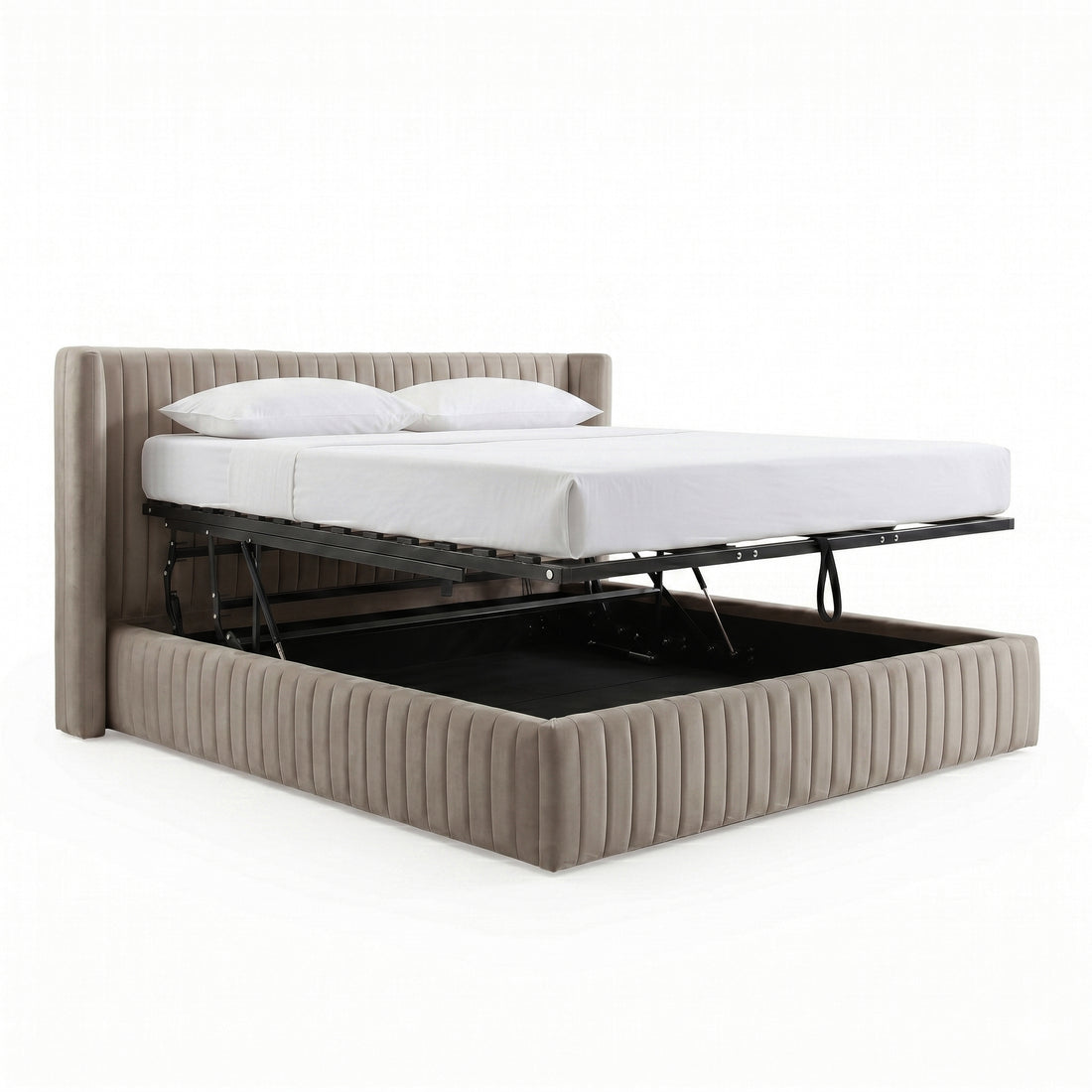 Warm grey velvet queen bed frame with gas lift storage base raised, white mattress and pillows on white background