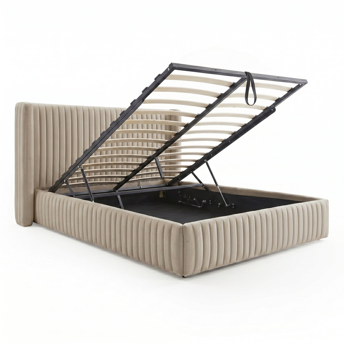 Warm grey velvet queen bed frame with vertical channel tufting and gas lift storage base shown open with timber slats