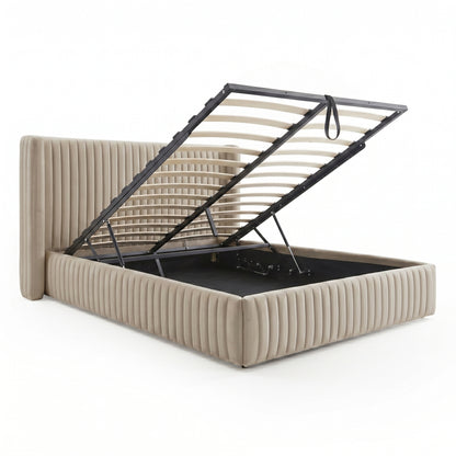 Warm grey velvet queen bed frame with vertical channel tufting and gas lift storage base shown open with timber slats
