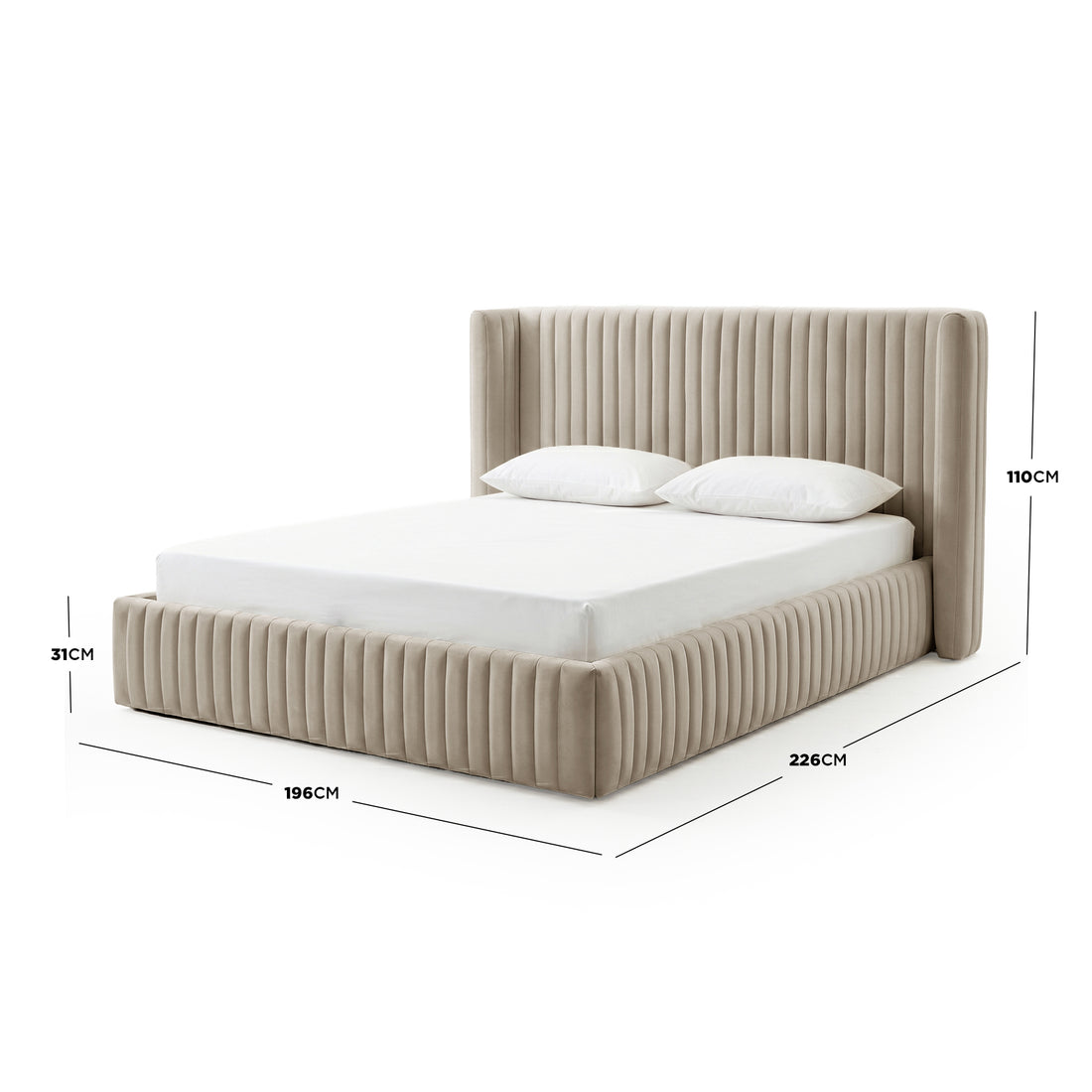 Beige upholstered bed with vertical channel tufting, 196cm wide, 226cm long, 110cm headboard height, 31cm base height, white
