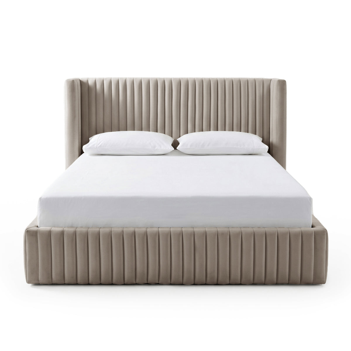 Front-facing beige upholstered bed frame with pillows on white background