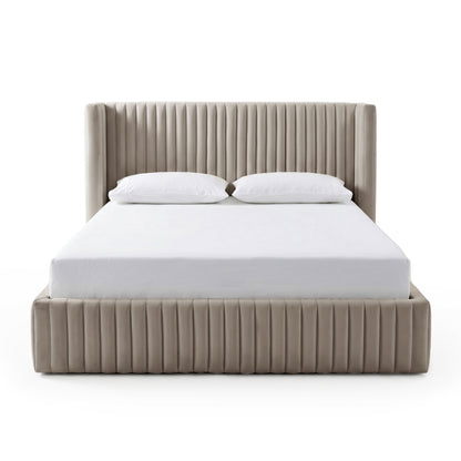 Front-facing beige upholstered bed frame with pillows on white background