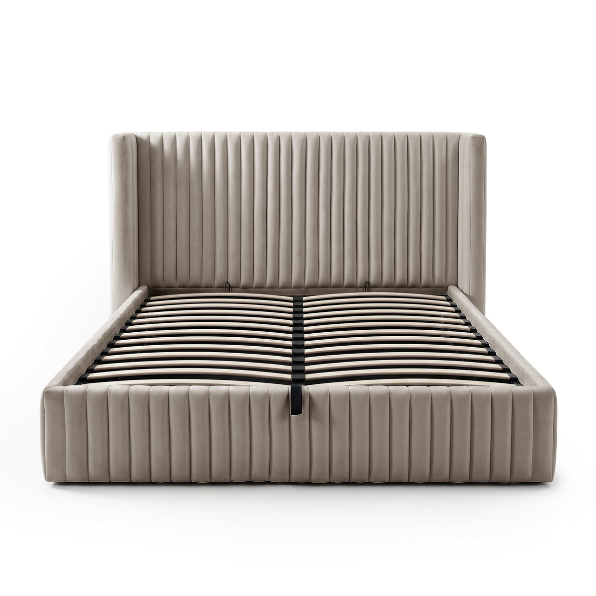 Queen bed frame with visible slats and support strap on white background