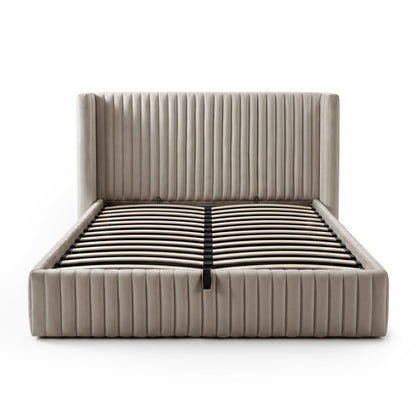 Queen bed frame with visible slats and support strap on white background