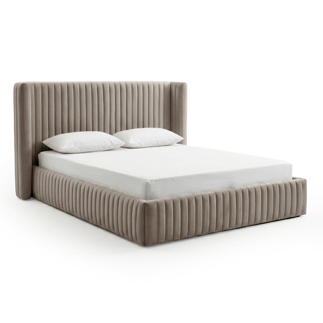 Warm grey upholstered bed frame on white background