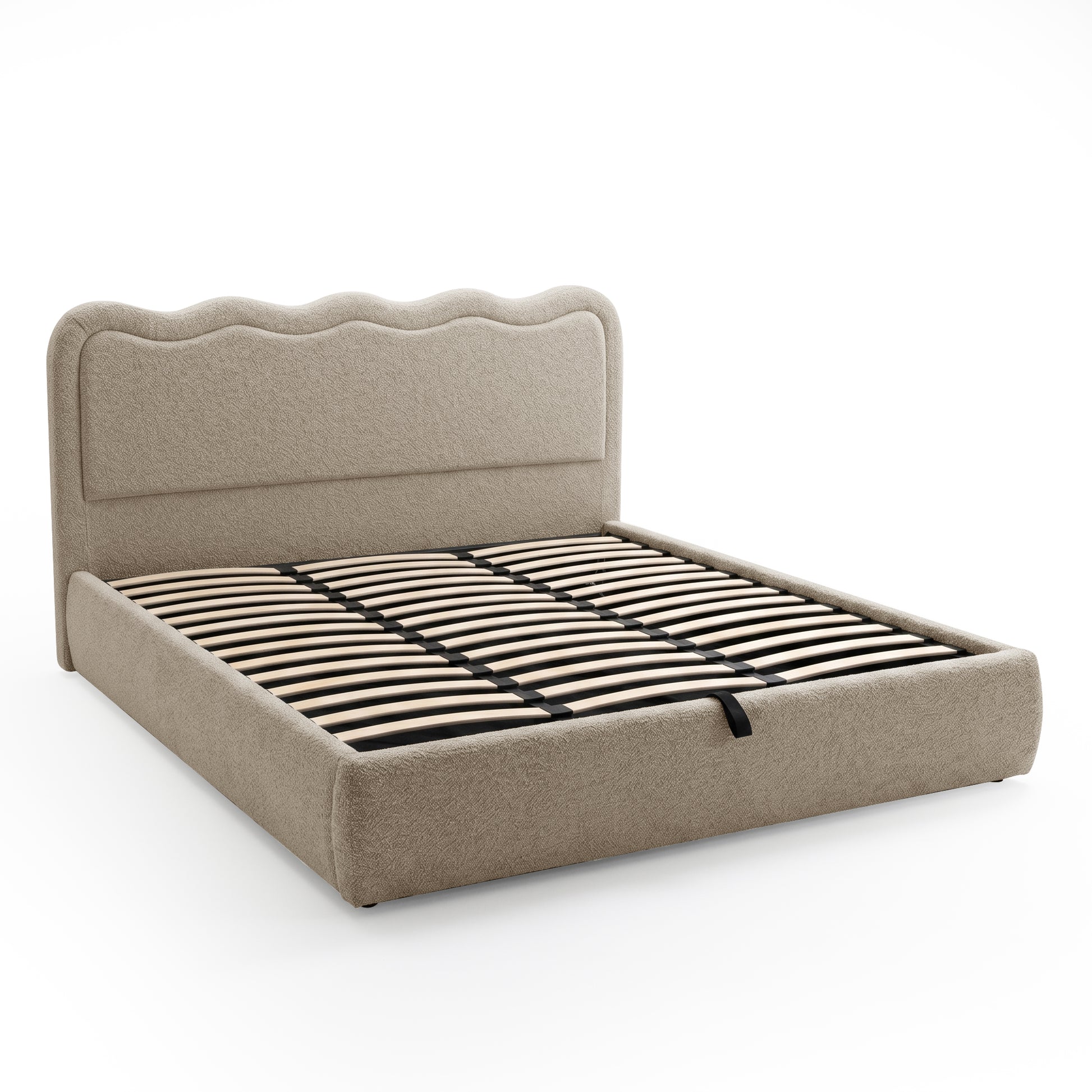 Beige boucle upholstered king bed frame with scalloped headboard and gas lift storage, shown with slatted base