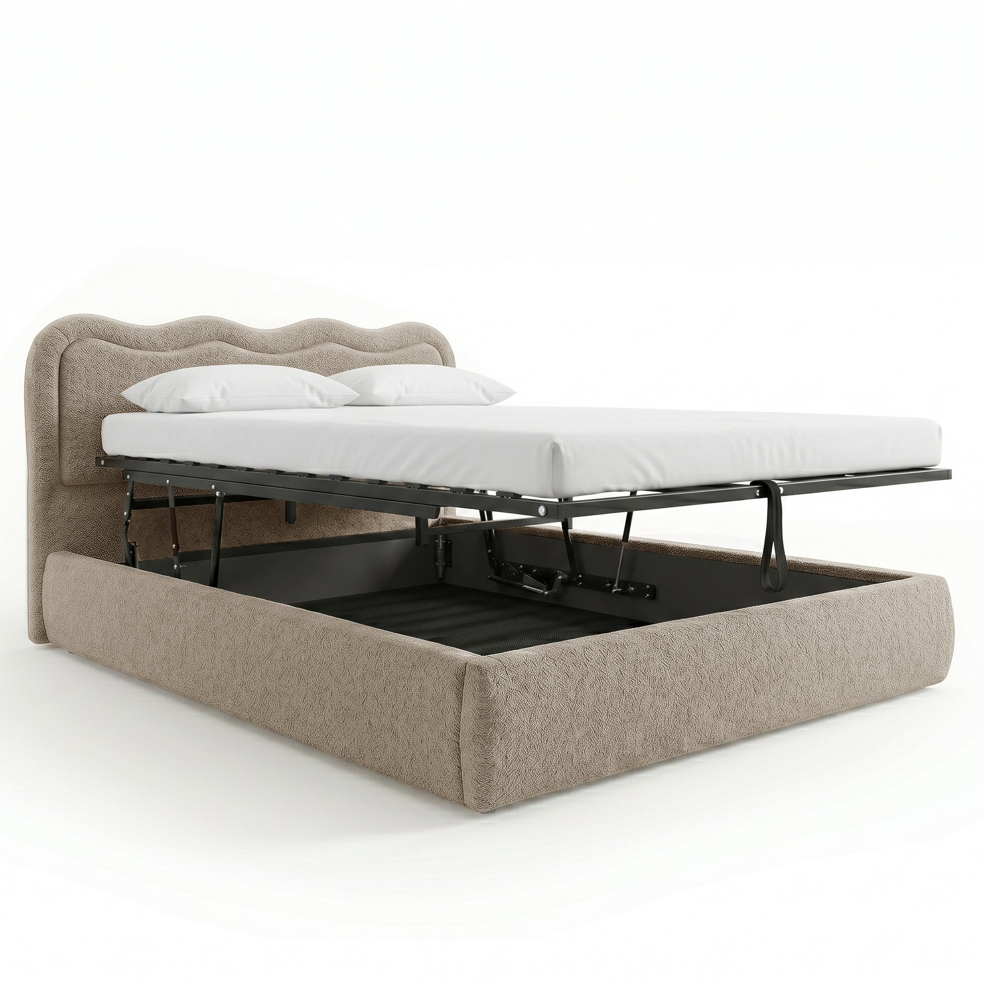 Noemi King gas lift storage bed frame in beige boucle with scalloped headboard, shown with base lifted revealing under-bed