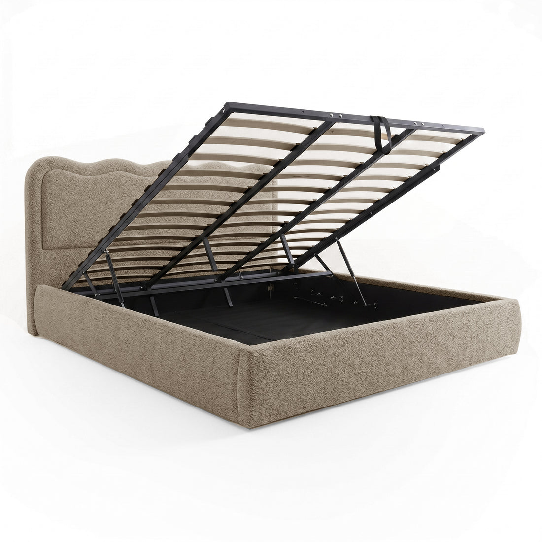 Beige boucle king bed frame with gas lift storage, shown with base raised to reveal under-bed compartment