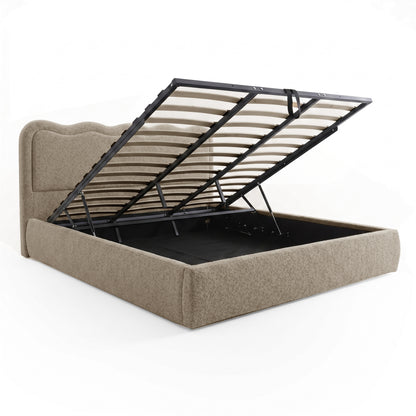 Beige boucle king bed frame with gas lift storage, shown with base raised to reveal under-bed compartment