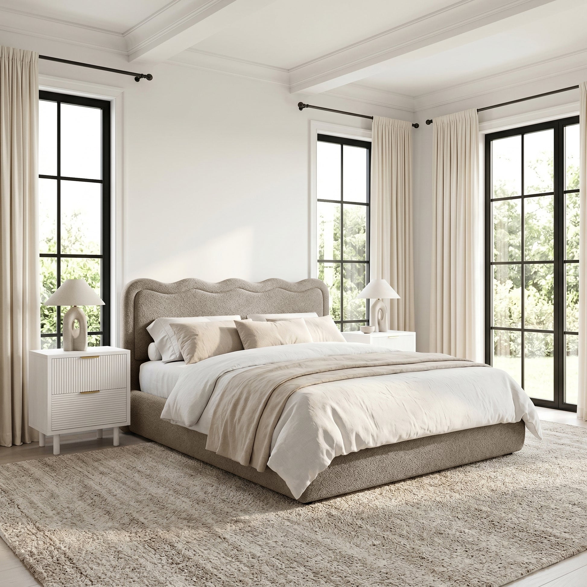 Noemi King Boucle Gas Lift Storage Bed Frame in Beige with curved scalloped headboard and upholstered base, shown with white