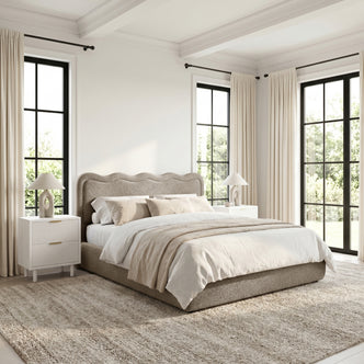 Noemi King Boucle Gas Lift Storage Bed Frame in Beige with curved scalloped headboard and upholstered base, shown with white