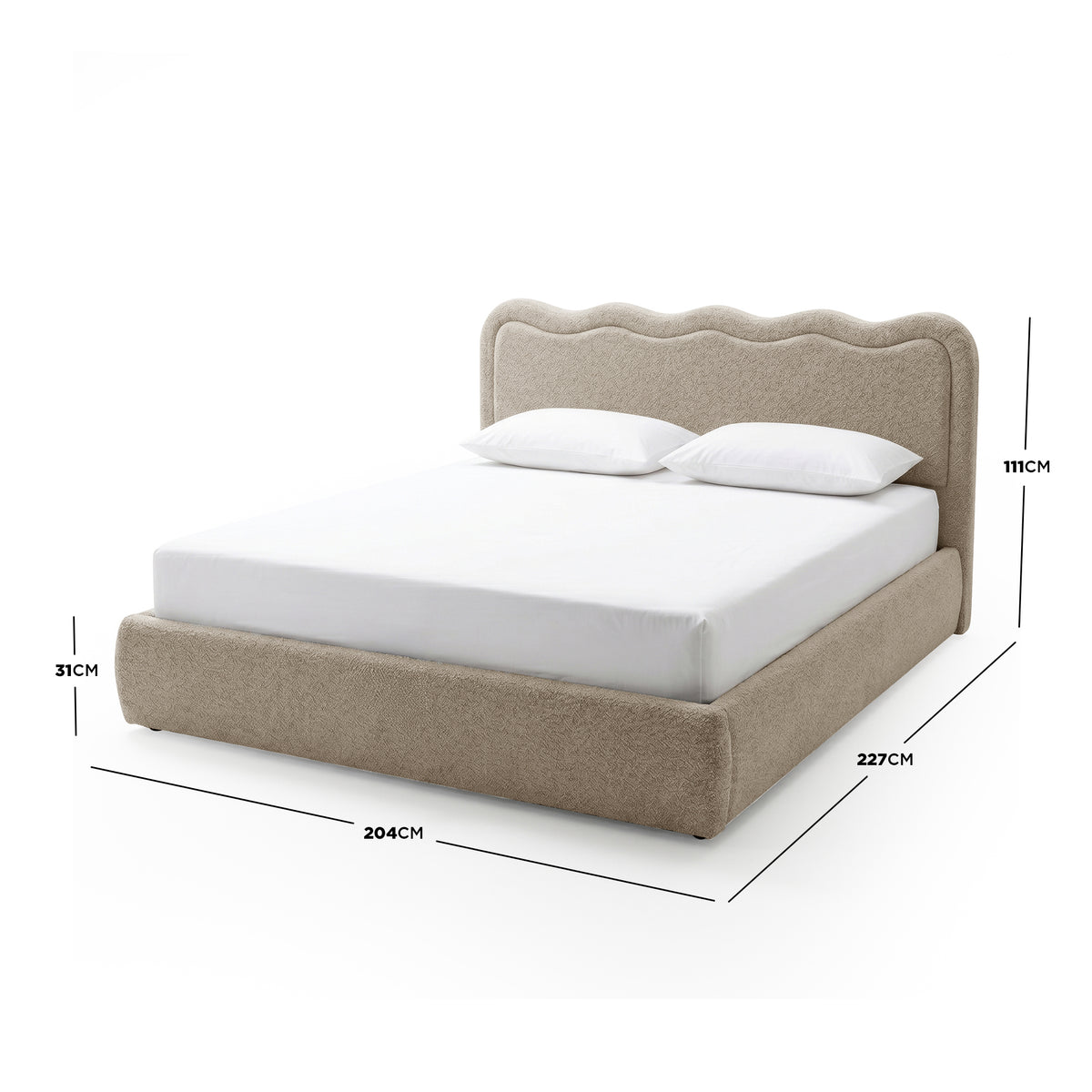 Noemi King Boucle Gas Lift Storage Bed Frame in Beige with scalloped headboard, shown with dimensions 204cm x 227cm x 111cm